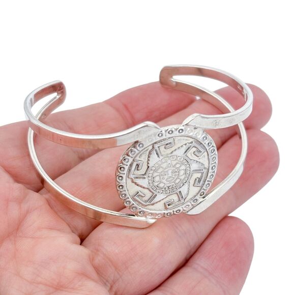 Vintage Mexico Sterling Silver 925 Aztec Sun Cuff Bracelet 6.5" - Picture 1 of 9